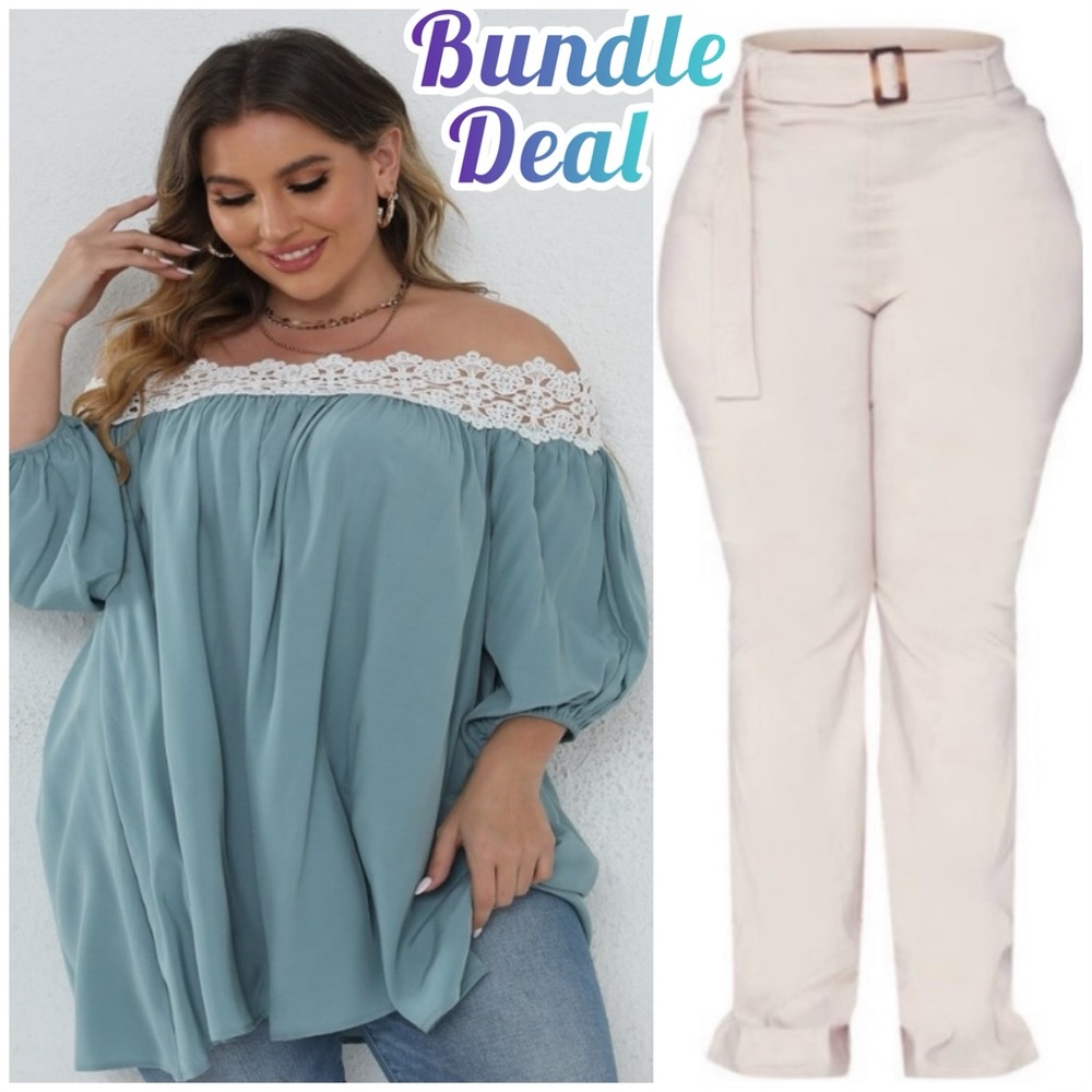 BUNDLE OFF SHOULDER TOP & HIGH WAISTED KHAKI PANTS SET